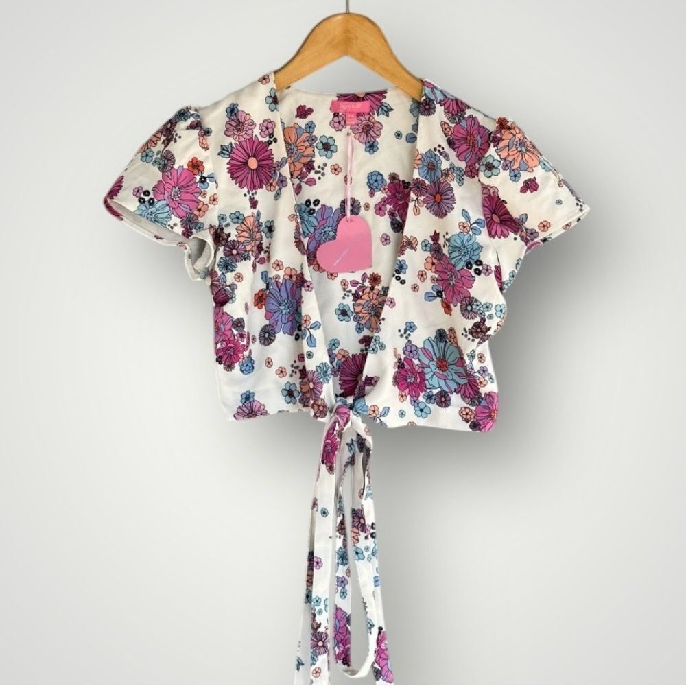 Floral Tie-Front Crop Top in White with Pink & Purple Flowers